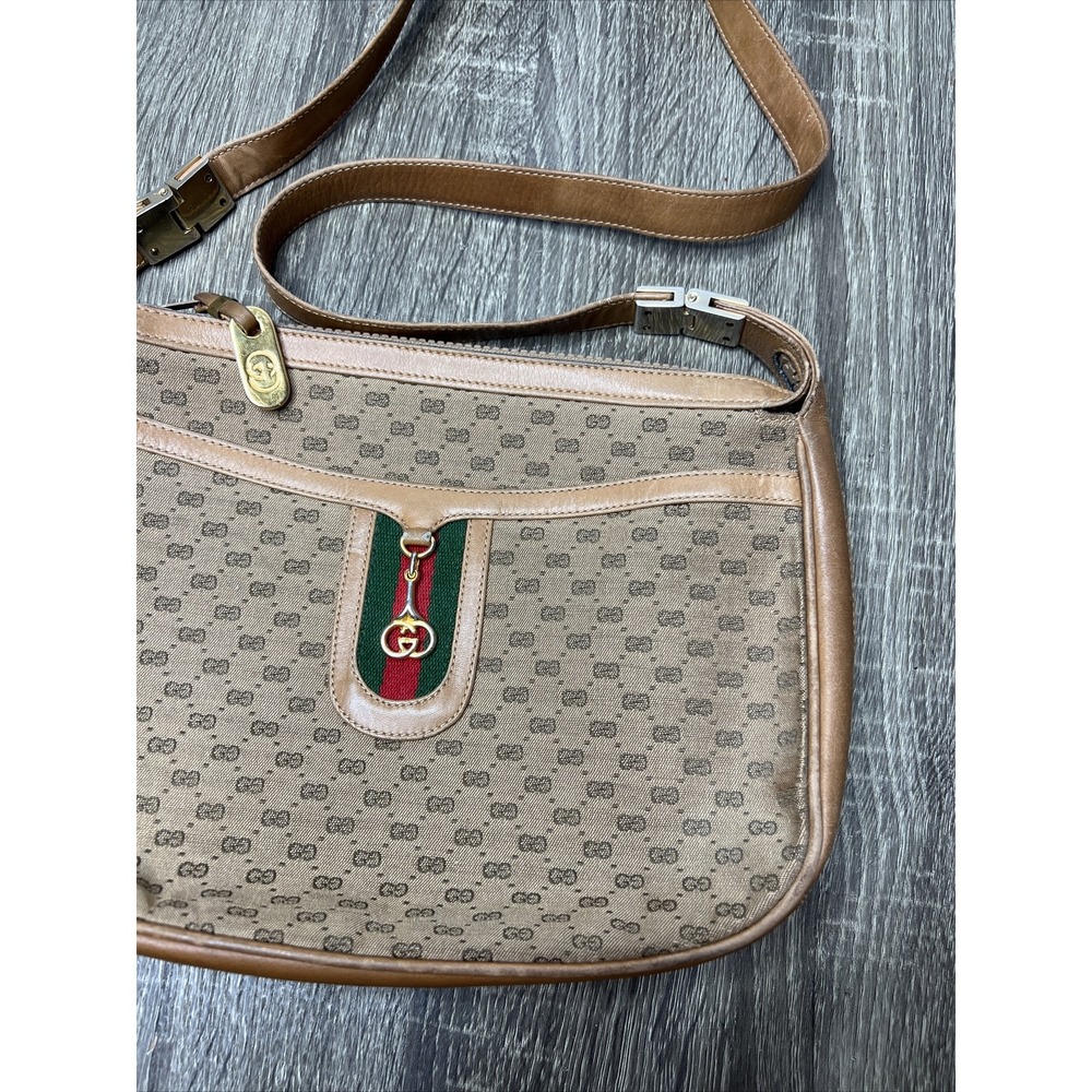 GUCCI Micro Sherry Line GG Bit Canvas Brown Leather Shoulder Bag Purse VTG Rare! - Picture 6 of 16